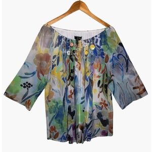 Ali Miles Watercolor Floral‎ Print Embellished Boat Neck Top XL Artsy Spring